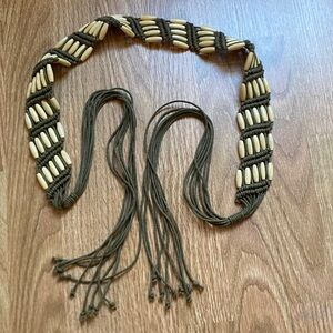 Vintage Macramé Beaded Tie Belt | Cream & Khaki Boho Festival Sash | Adjust